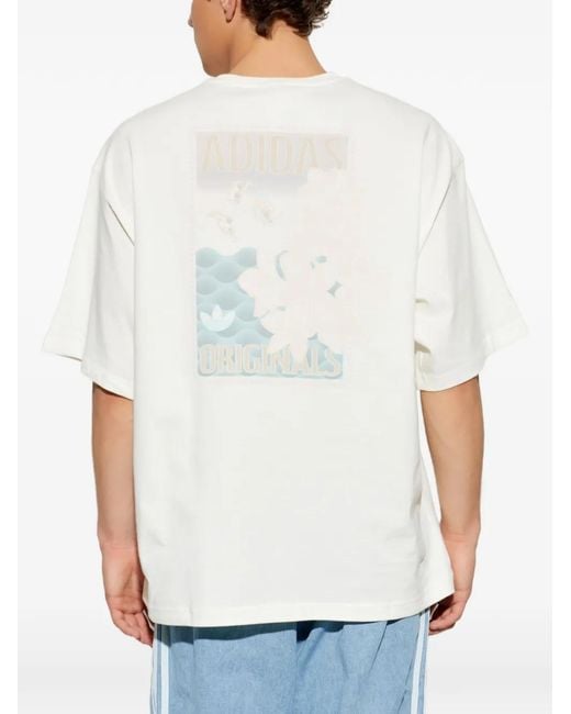 Adidas White Logo-Embroidered Graphic-Print T-Shirt for men