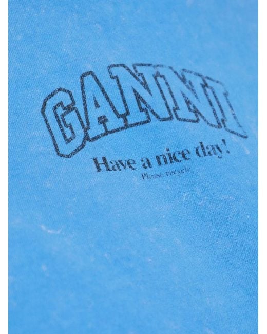 Ganni Blue Logo-Print Cotton T-Shirt