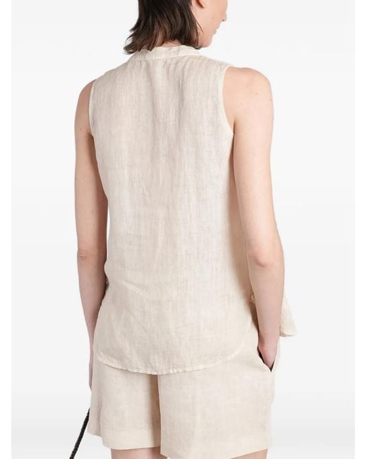 120% Lino White Blouse Sans Manches À Détails Plissés