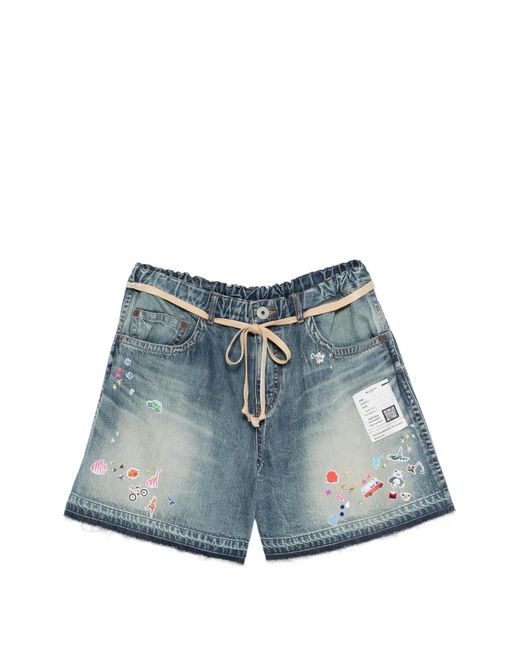 Maison Mihara Yasuhiro Blue Sticker-Print Frayed Denim Shorts