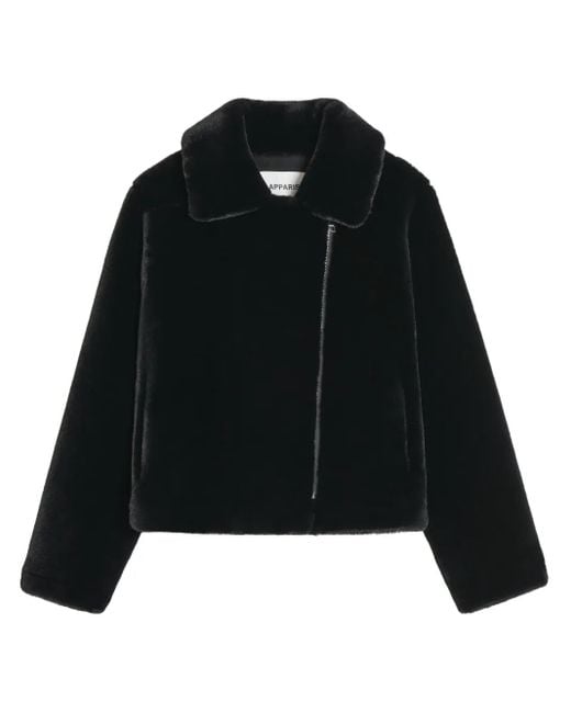 Apparis Black Notch-Lapel Zippered Faux Fur Jacket