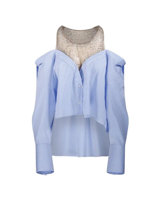 GIUSEPPE DI MORABITO Blue Striped Crystal-Embellished Blouse