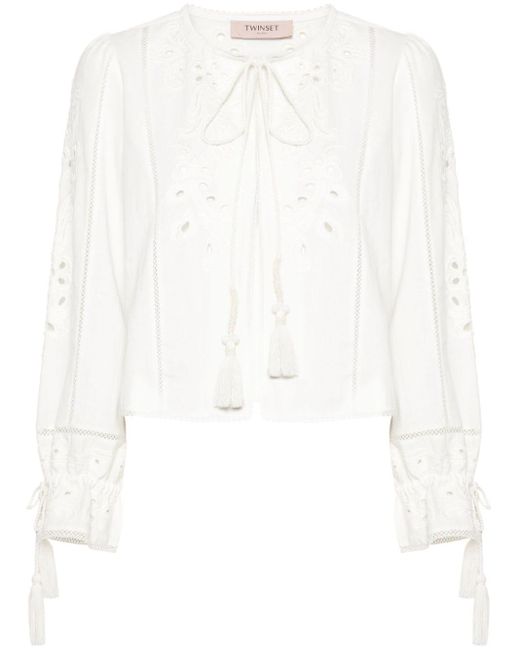 Twin Set White Embroidered Hook-eye Blouse