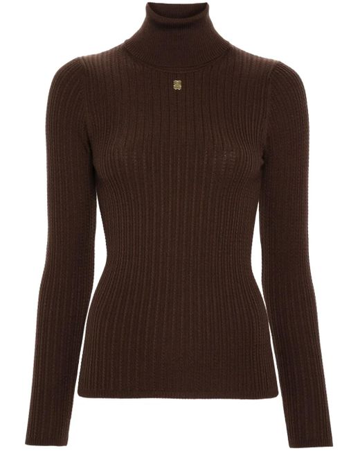 Sandro Brown Ribbed Lyocell-Wool Turtleneck Sweater