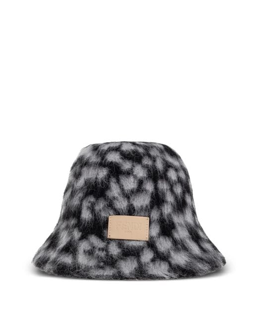 Fendi Gray Leopard-Print Logo-Patch Bucket Hat