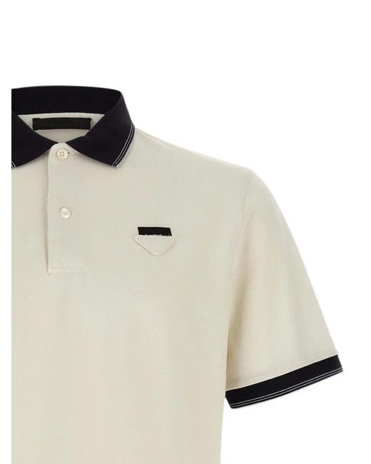 Prada White Triangle-Patch Piqué Polo Shirt for men