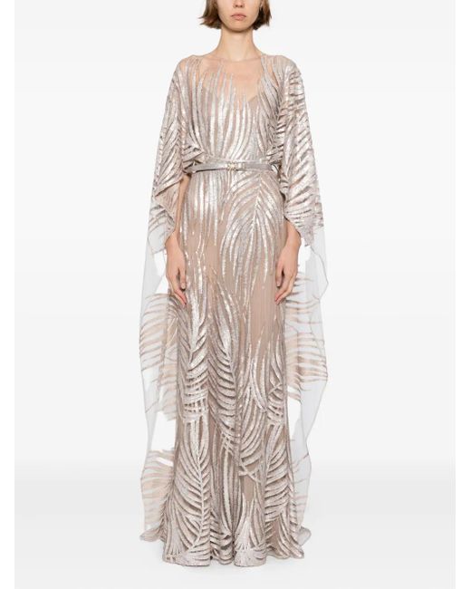 Elie Saab Natural Embroidered Tulle Long Dress