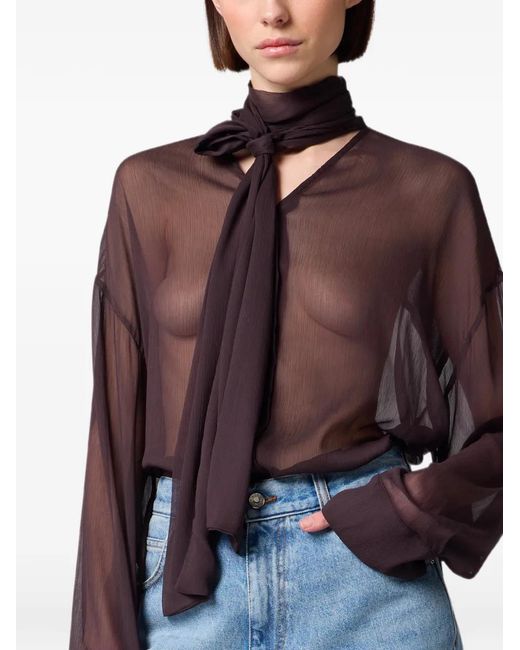 MSGM Purple Tie-Neck Sheer Blouse