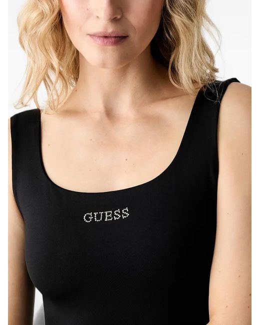 Guess Black Rhinestone-Logo Scoop-Neck Mini Dress