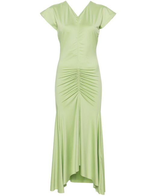 Victoria Beckham Green Ruched V-neck Midi Dress