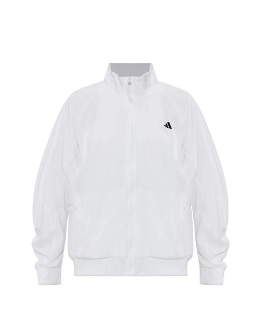 Adidas White Walk-On Logo-Print Ruched-Sleeve Track Jacket