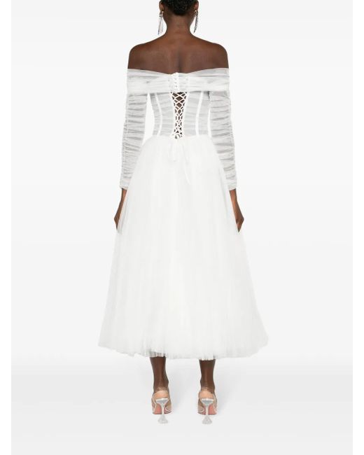 Ana Radu White Corset Tulle Midi Dress
