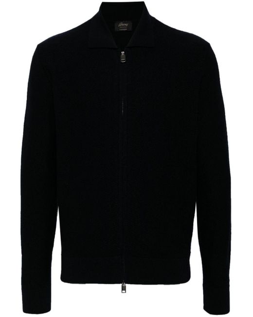 Brioni Black Ribbed Cashmere Zip-Front Sweater for men