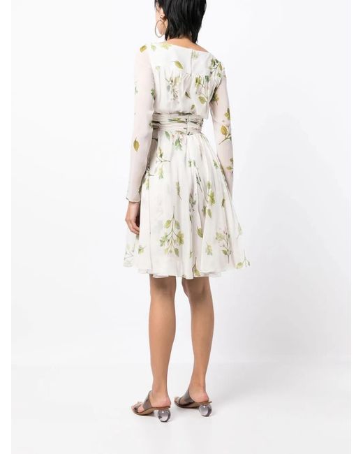 Giambattista Valli White Gathered Floral-Print Silk Dress