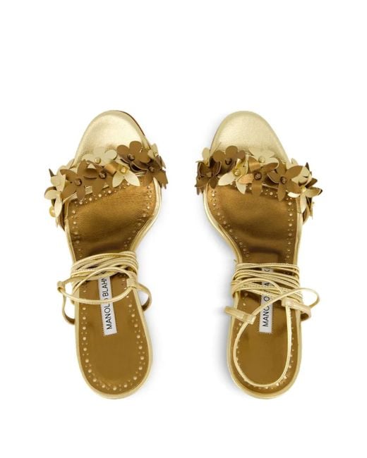 Manolo Blahnik Metallic Flower-Embellished High-Heel Sandals