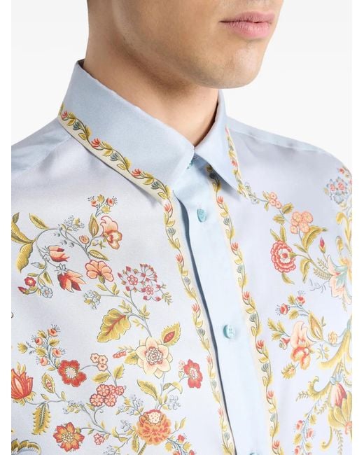 Etro White Silk Shirt With Floral And Wildlife Print for men