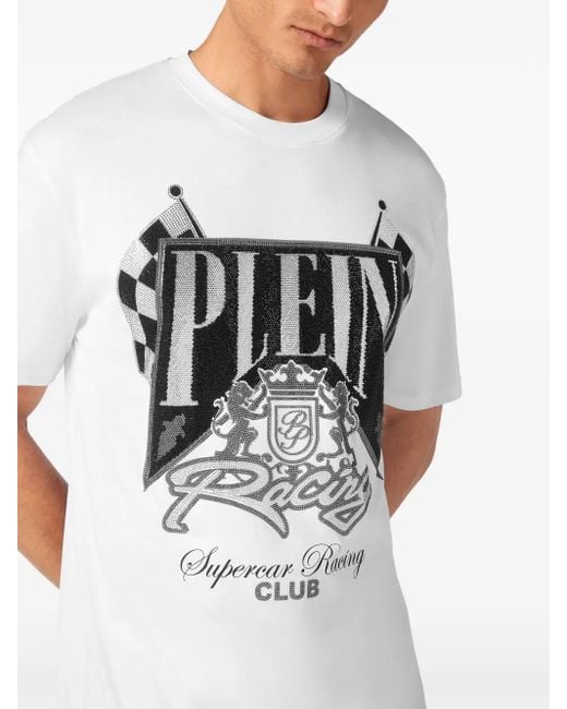 Philipp Plein White Jersey T-Shirt Round Neck Ss Strass Racing Club for men