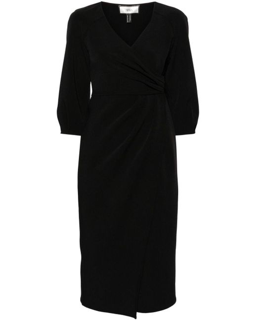 Nissa Black Wrap-design Crepe Midi Dress