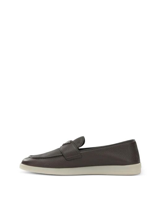 Prada Gray Logo-Plaque Leather Loafers for men