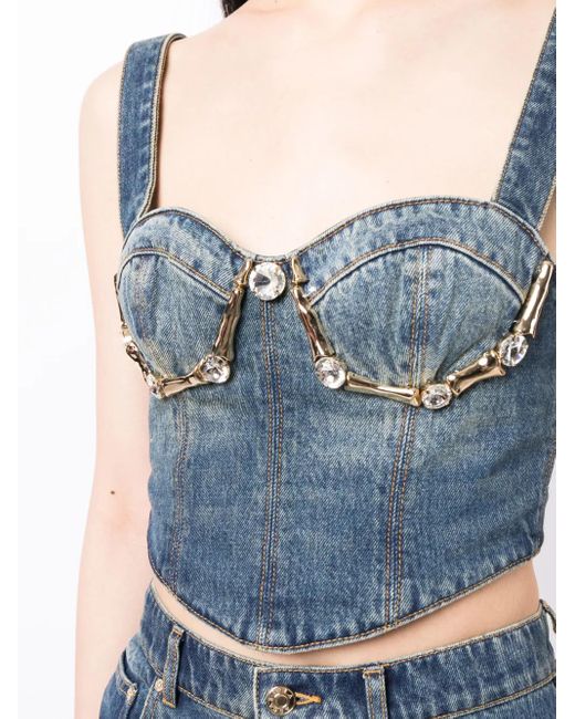 Area Blue Claw Cup Crystal-embellished Denim Bustier
