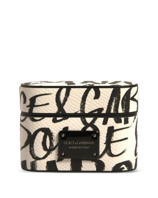 Dolce & Gabbana White Graffiti-Print Leather Airpods Case