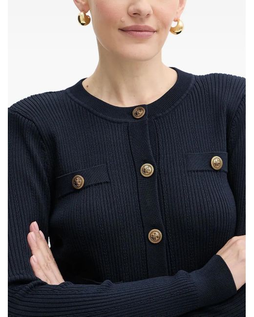 Guess Blue Ribbed Button-Embellished Cardigan