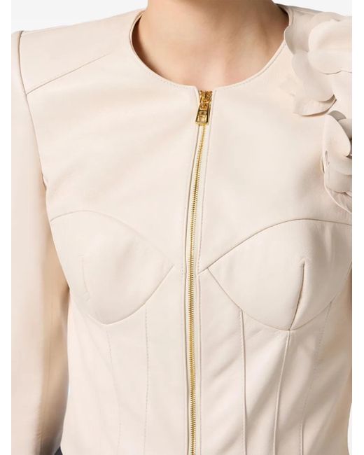 Elisabetta Franchi White Flower Appliqués Leather Jacket