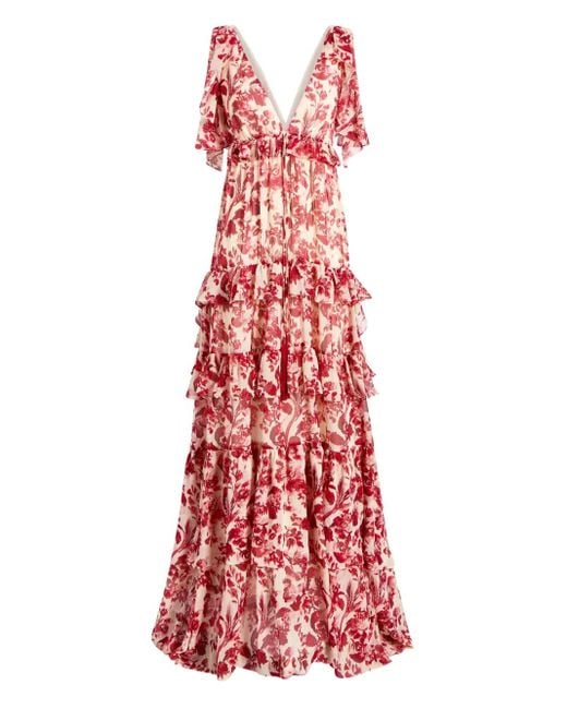 Cinq À Sept Red Omelia Floral Ruffled Maxi Dress