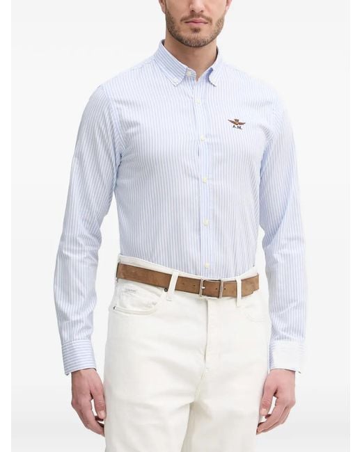 Aeronautica Militare White Vertical-Stripe Logo-Embroidered Shirt for men