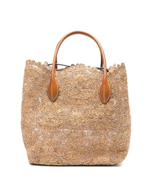 Ermanno Scervino Natural Margot Lace-Embroidered Leather-Trim Tote Bag