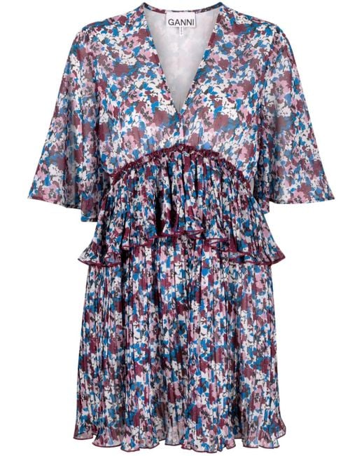 Ganni Blue Pleated Floral-Print Minidress