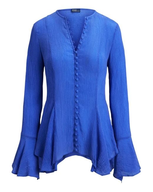 Polo Ralph Lauren Blue V-Neck Crinkle-Texture Blouse