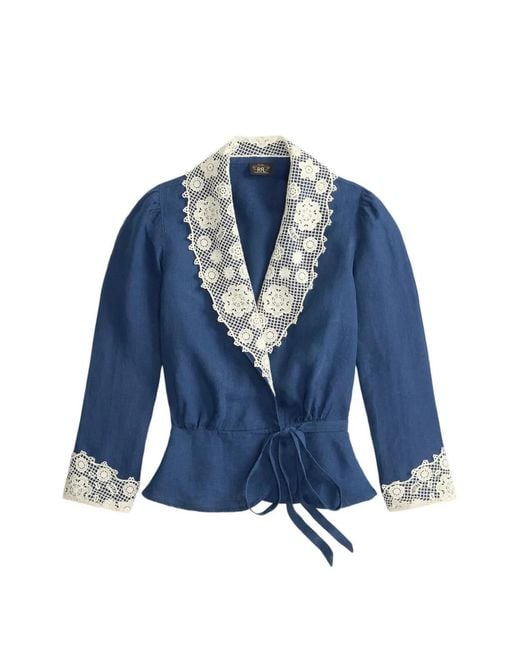 RRL Blue Lace-Trim Wrap Blouse