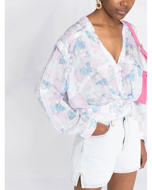 IRO Blue Floral-Print V-Neck Blouse