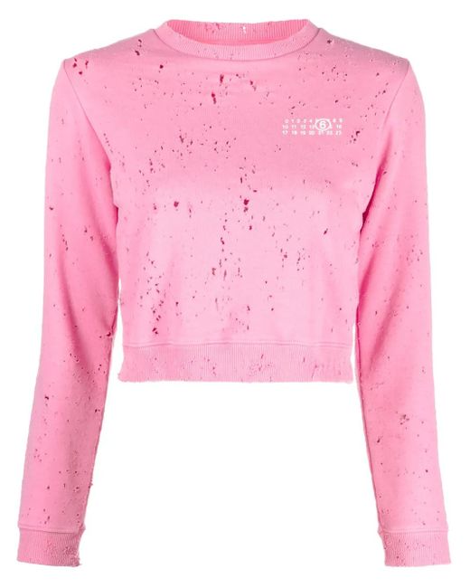 MM6 by Maison Margiela Pink Distressed Logo-Print Sweatshirt