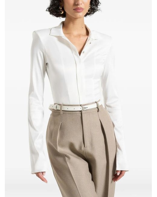 Manière De Voir White Louise Wide-Shoulder Satin Shirt Bodysuit