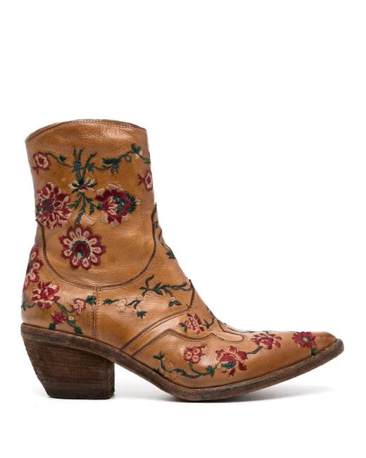 Fauzian Jeunesse Brown Floral-Embroidered Ankle Boots
