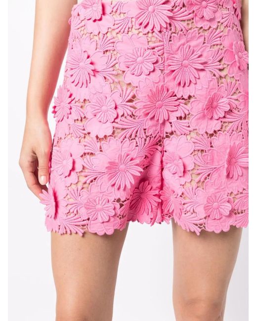 Oscar de la Renta Pink Floral-Lace High-Waisted Shorts