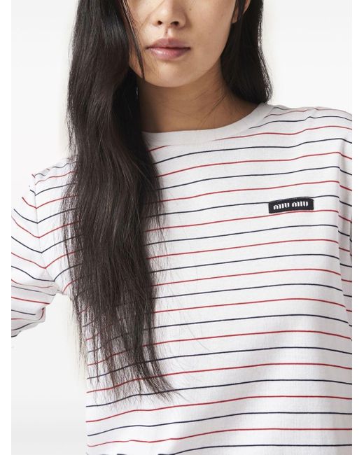 Miu Miu White Logo-appliqué Striped T-shirt