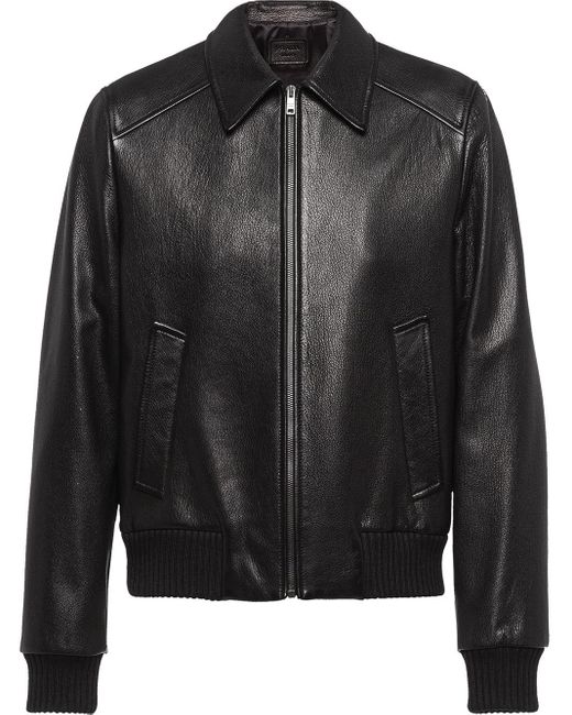 Veste zippée à col italien Cuir Prada pour homme en coloris Noir | Lyst