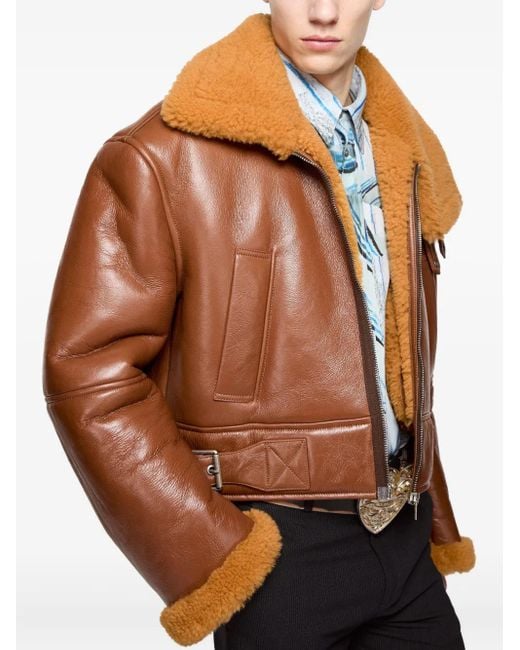 Acne Brown Shearling-Collar Leather Jacket for men