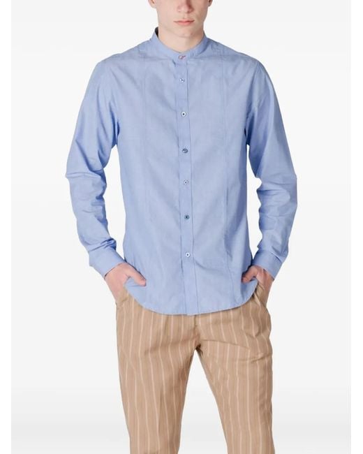 Gianni Lupo Blue Mandarin-Collar Panelled Shirt for men