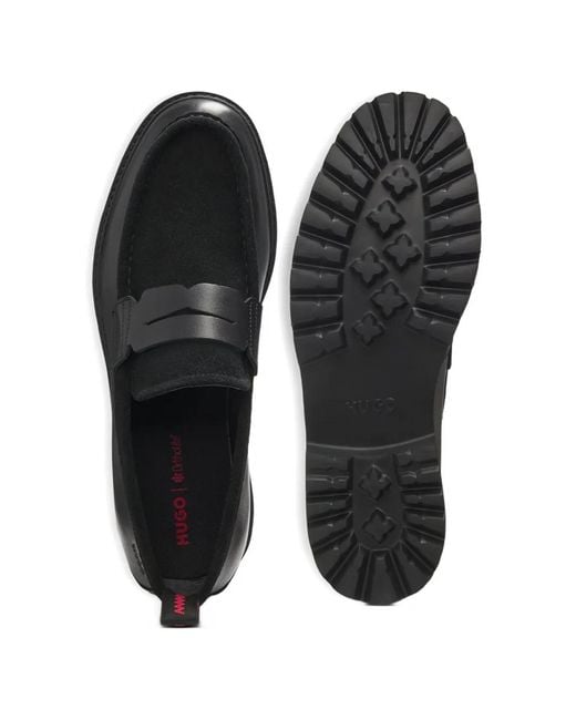 HUGO Black Panelled Leather Loafers for men