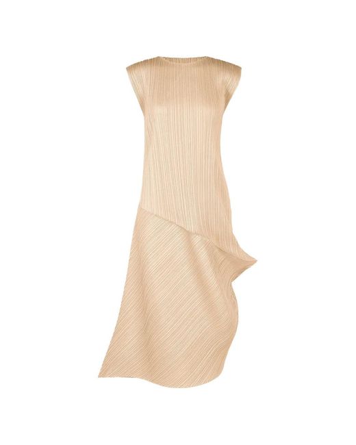 Pleats Please Issey Miyake White Pleated Asymmetric Midi Dress