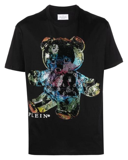 Philipp Plein Black Rhinestone-Embellished Teddy-Print T-Shirt for men