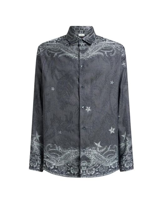 Etro Gray Cotton And Silk Shirt With Placed Pegaso Motif for men