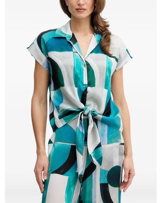 Joseph Ribkoff Blue Abstract-Print Tie-Front Top