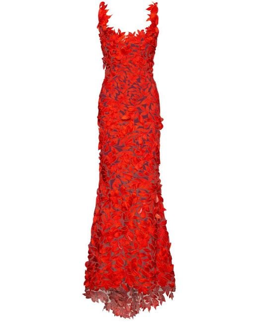 Oscar de la Renta Red Floral Threadwork Off-shoulder Gown