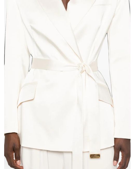 Elisabetta Franchi White Belted Satin-Finish Blazer