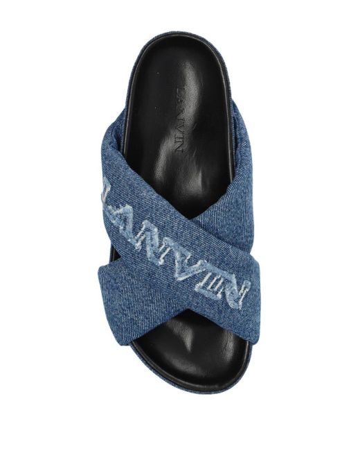 Lanvin Denim Slippers Met Geborduurd Logo En Gekruiste Bandjes in het Blue